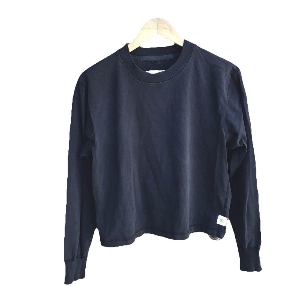 Reigning Champ Women's Cropped Long Sleeve Crewneck Shirt Black Size Medium